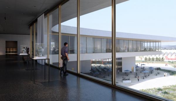 Rendering of art gallery with an adult and child looking out of floor to ceiling windows