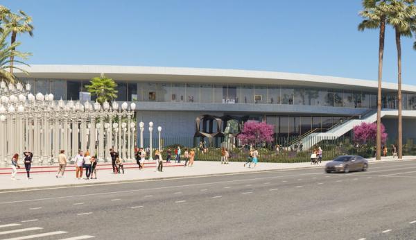 Rendering of street-level view of museum building with outdoor art and visitors