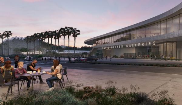 Rendering of museum building at dusk with visitors at cafe tables in the foreground