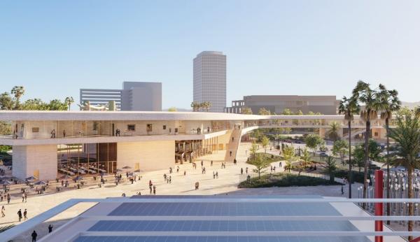 Exterior view of museum building, looking down on busy plaza