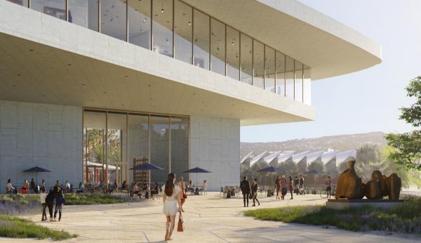 Rendering of exterior view of building with art and people outside