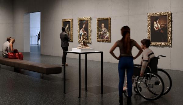Visitors in a gallery with European painting and sculpture