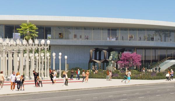 Rendering of museum building with Urban Light in the foreground