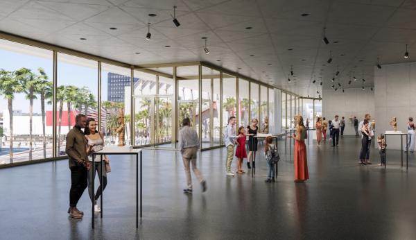 Rendering of gallery with floor to ceiling windows filled with art and people