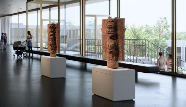 Rendering of interior view of gallery with art of the ancient Americas and visitors