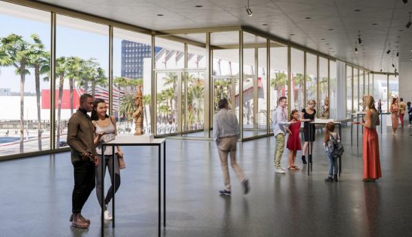 Rendering of light-filled gallery with visitors and art with view to the outside