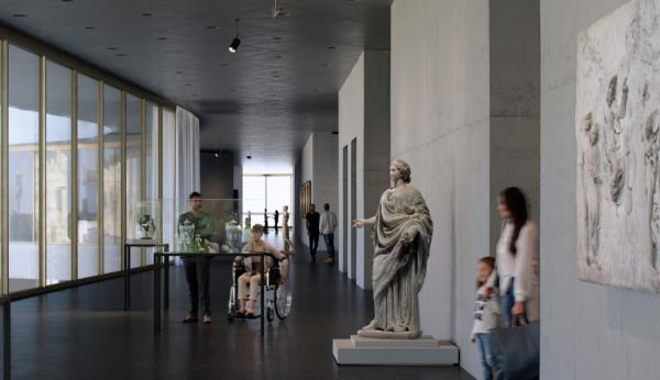 Visitors in light and art-filled gallery with floor-to-ceiling windows on the left side of image