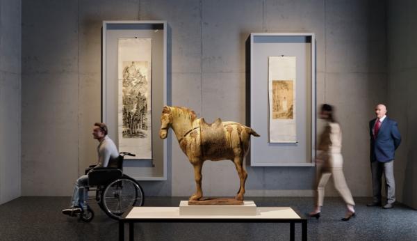 Rendering of gallery with scrolls hanging in the background and a sculpture of a horse in the foreground with visitors