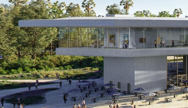 Rendering of elevated gray building with floor to ceiling windows, art, and visitors, and picnic tables in the foreground 