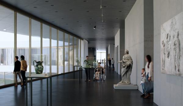 Rendering of gallery with art and visitors
