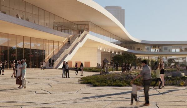 Exterior view of museum building with visitors