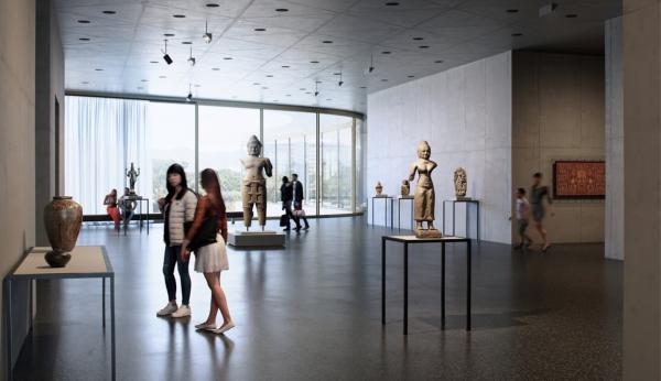 Rendering of visitors in art-filled gallery