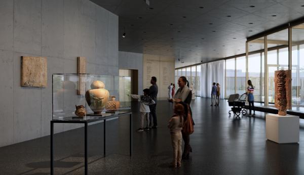 Rendering of interior view of visitors in art-filled gallery with floor-to-ceiling windows on the right