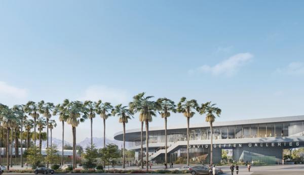 Exterior rendering of gray gallery building with palm trees and visitors in front