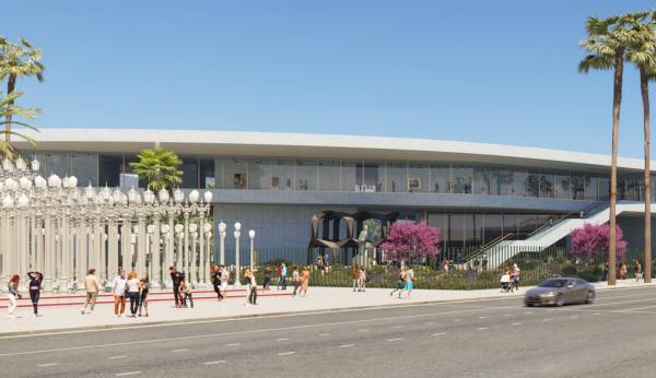 Rendering of gray building with art installation of streetlamps on the left, sculptures in the center, and visitors along the street