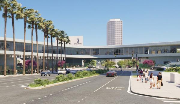 Rendering of gray museum building spanning over a boulevard, with pedestrians and landscaping
