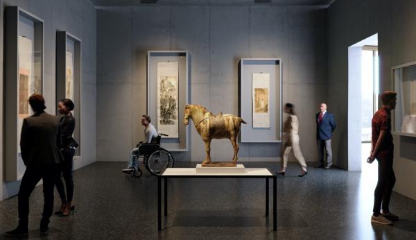 Rendering of gallery with Chinese scrolls and sculpture with visitors