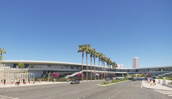 Rendering showing exterior view of gray concrete gallery building and trees and visitors on the ground level