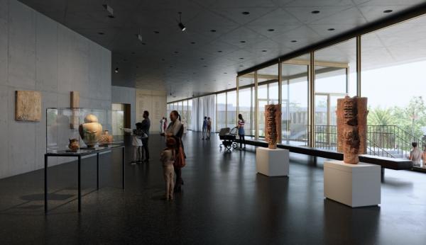 Rendering of gallery with floor to ceiling glass and ancient American art with visitors