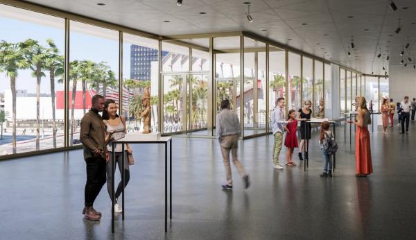 Rendering of gallery with floor-to-ceiling windows, art, and people