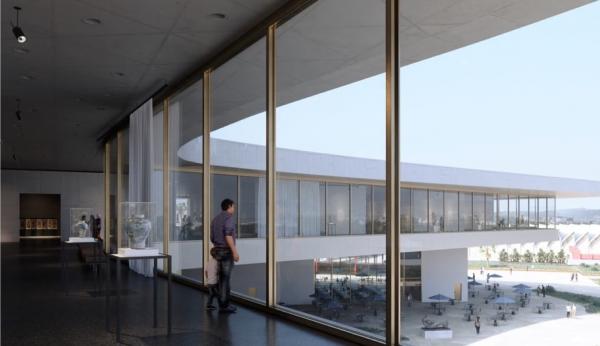 Rendering of gallery with an adult and child looking out floor-to-ceiling windows