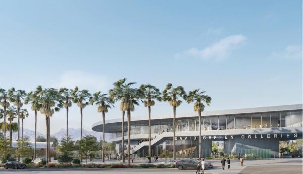 Rendering of gray building with palm trees and pedestrians