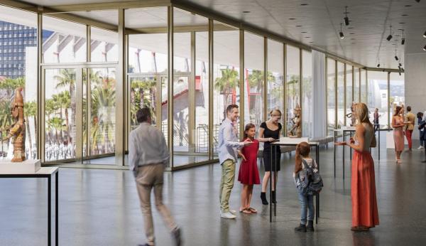 Rendering of gallery with floor-to-ceiling windows, people, and art