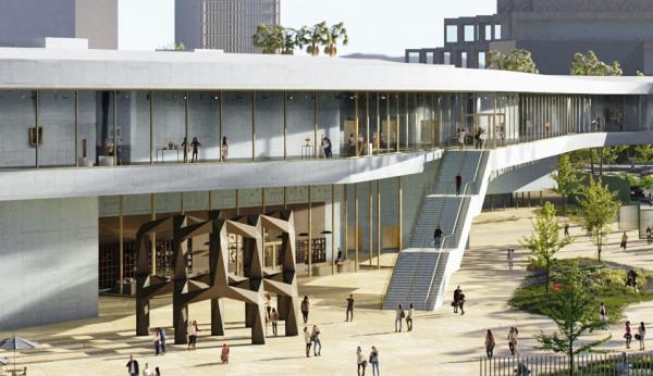 Rendering of exterior view of gray horizontal building with art and people