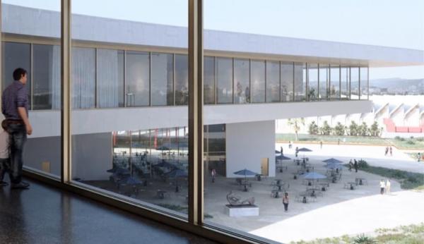 Rendering of people looking out of museum building to plaza