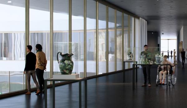 Rendering of visitors in art-filled gallery with floor-to-ceiling windows on the left