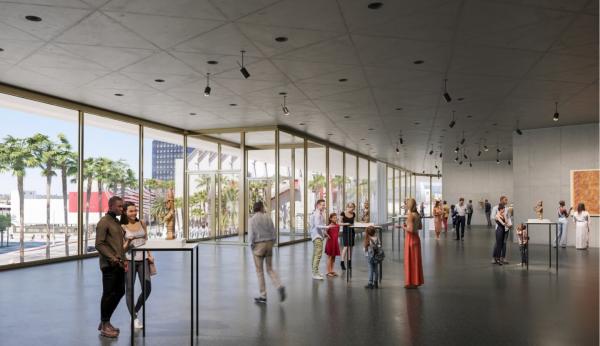 Rendering of visitors in gallery with floor to ceiling windows and art