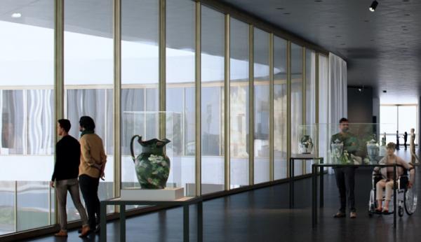 Rendering of interior of gallery with visitors and art