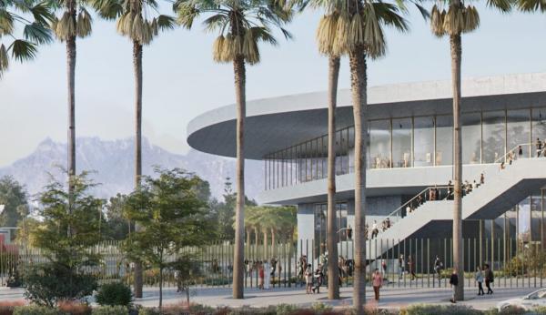 Rendering of museum building exterior, with tall palm trees and visitors
