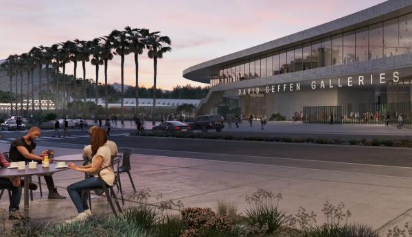 Rendering of concrete museum building at dusk, with visitors at a cafe in the foreground