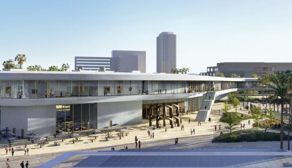Rendering of exterior of gray horizontal building with people and art on the plaza