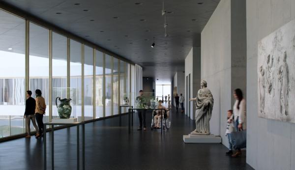 Rendering of gallery with art and people