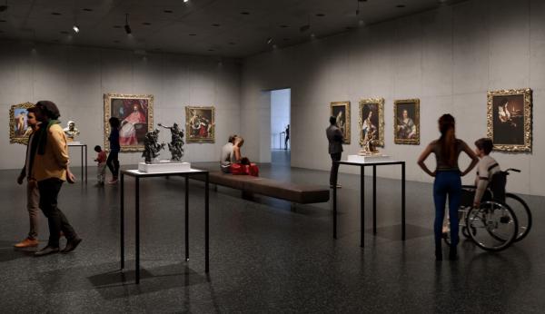 Rendering of gallery interior with visitors viewing European painting and sculpture