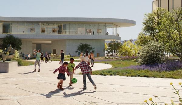 Rendering of museum building in the background with children playing in the foreground