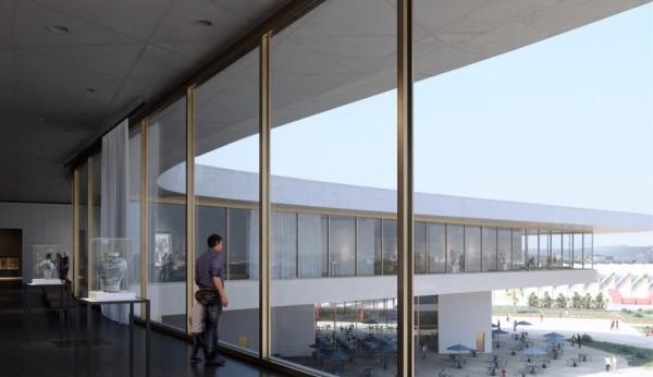 Rendering of gallery with floor-to-ceiling glass walls with a person looking out