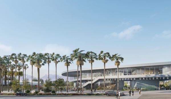 Rendering of exterior of gray horizontal building with palm trees in the foreground
