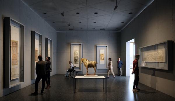 Rendering of interior of gray gallery with Asian sculpture and scrolls with visitors