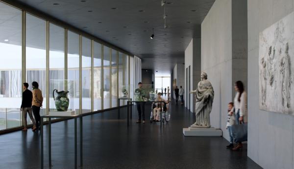 Rendering of interior of gallery with floor to ceiling windows on the left and visitors and artwork