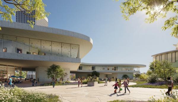 Rendering of gray building with floor to ceiling glass with visitors on the courtyard