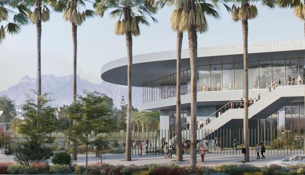 Rendering of exterior of museum building with palm trees and streetscape