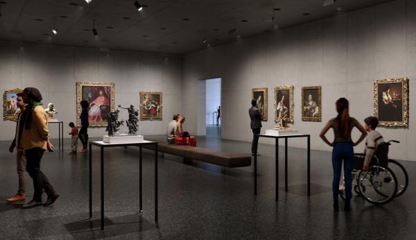 Interior view of gallery with visitors and European painting and sculpture