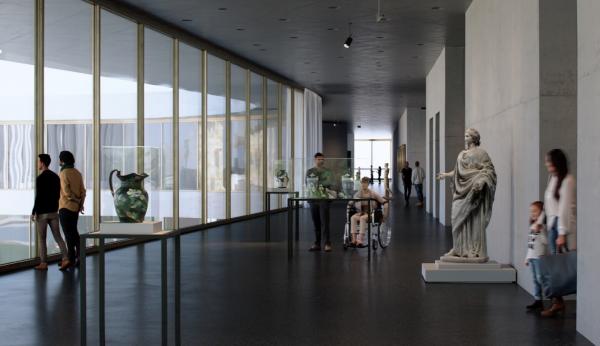 Rendering of gallery, one side of which is floor-to-ceiling glass, with vessels in vitrines and a sculpture of a woman with visitors