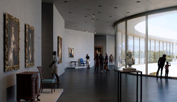 Rendering of gallery with artworks and visitors, with floor-to-ceiling glass on the right