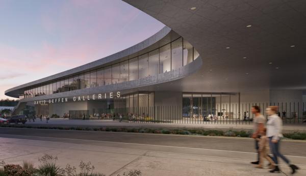 Rendering of exterior of gray building at dusk