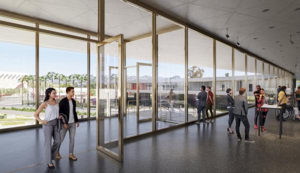 Rendering of entrance to art gallery, with visitors and art and a view to the outside