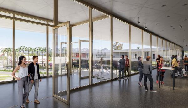 Interior rendering of art gallery with visitors and floor-to-ceiling windows